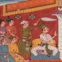  Illustrated court scene showing a seated figure on a patterned carpet, gesturing toward attendants and musicians arranged around the scene beneath a red canopy.